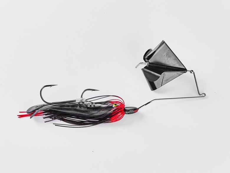 black and red buzzbait with trailer
